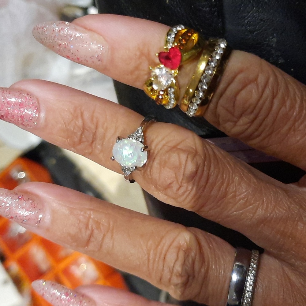 LOT OF 3 RINGS RHODIUM or GOLD PLATED CZ RINGS Opal Ruby Heart Princess Eternity